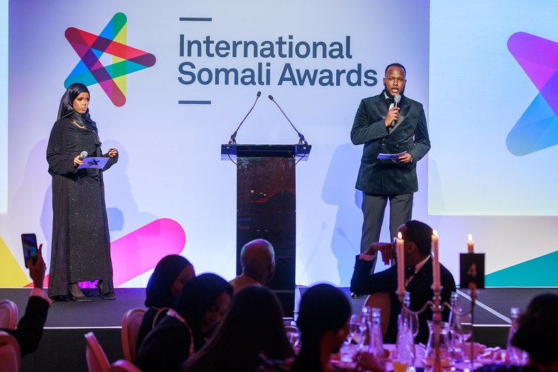 Two hosts on stage at the International Somali Awards 2025